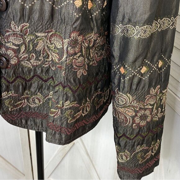 ELCC Vintage Embroidered Taffeta Blazer Jacket Gray Large Button Front - Picture 6 of 15